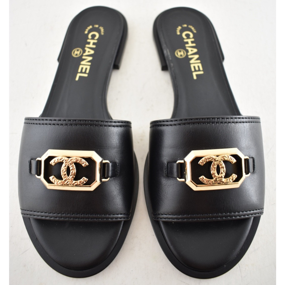 Chanel 23B Black Shiny Calfskin Leather Gold CC Logo Mule Slides Sandals Flat 38 - Picture 8 of 16